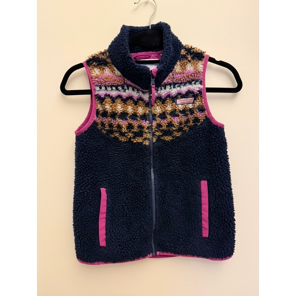 Vineyard Vines Girls Sherpa‎ Fleece Vest Navy Pink Fair Isle Medium 10-12